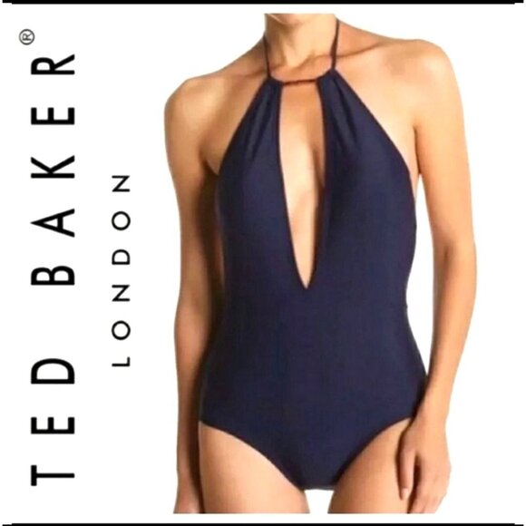 Ted Baker 4 One-piece Swimwear Plunge Cutout Halter Swimsuit Bathing Suit Blue - Picture 13 of 13